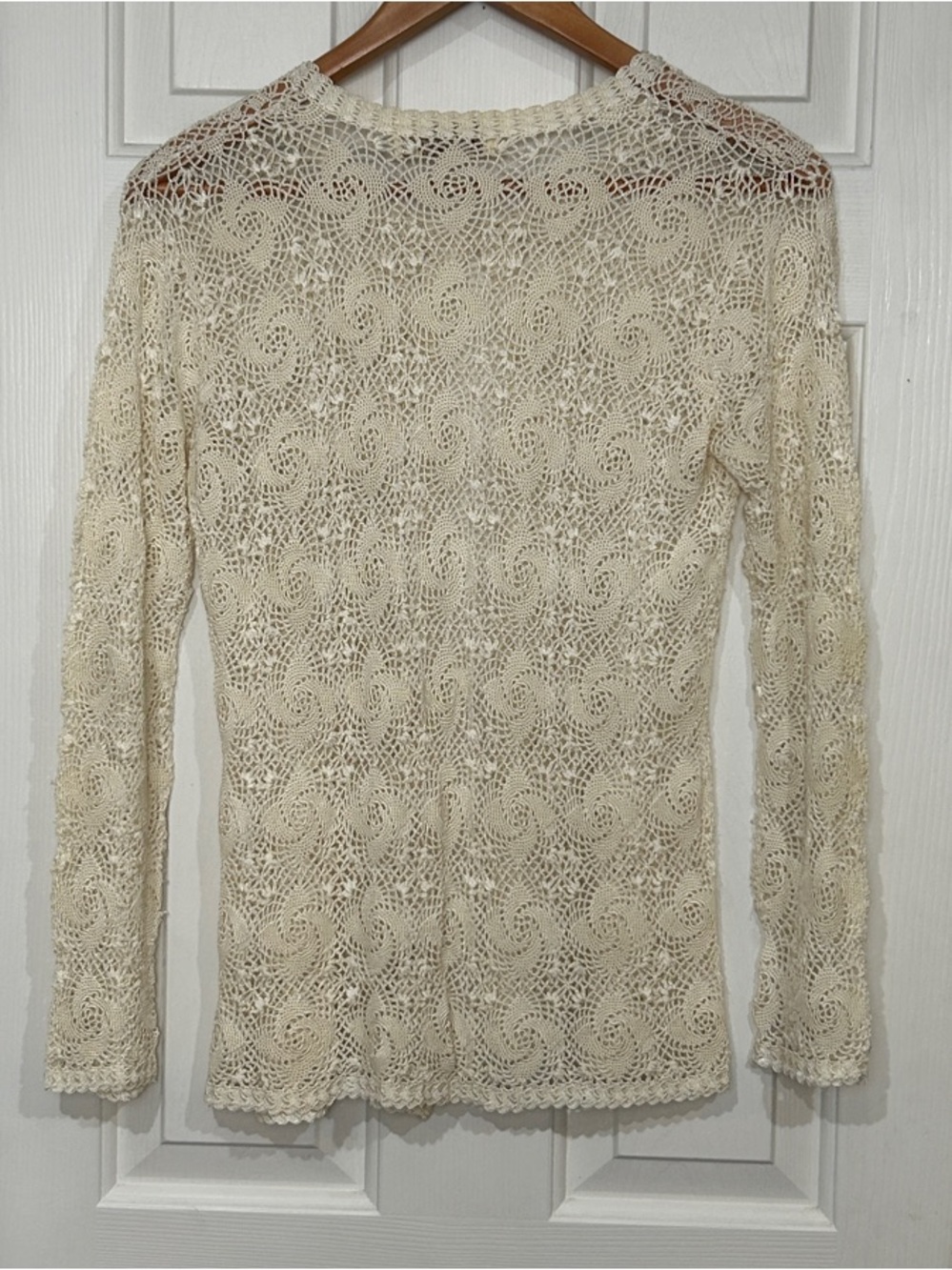 Vintage Hand Crocheted Cream Lace Cardigan Sweater - Picture 7 of 11